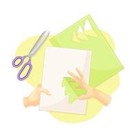 Hands making applique cutting figurines from paper. Top view of creative work process, hobby and craft concept illustration vector