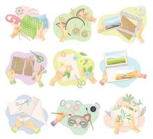 Top view of hands creating handmade crafts set. Creative work process, hobby and craft. Person sewing, knitting, painting, making applique concept illustration vector