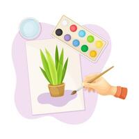 Hands creating artwork picture with paints palette. Top view of creative work process, hobby and craft concept illustration vector