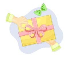 Hands wrapping gift box. Top view of creative work process, hobby and craft concept illustration vector