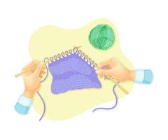 Hands knitting. Top view of creative work process, hobby and craft concept illustration vector