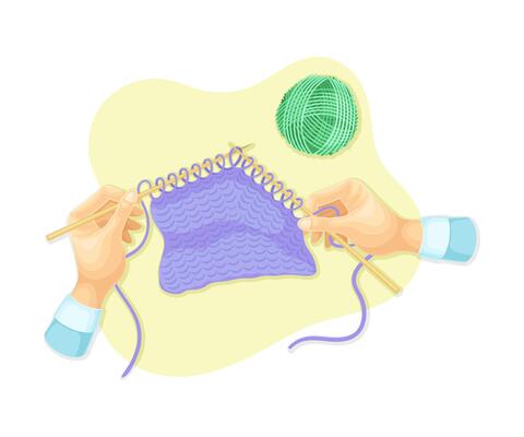 Hands knitting. Top view of creative work process, hobby and craft concept illustration