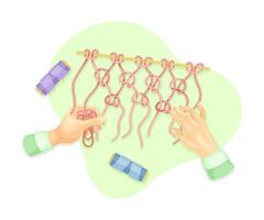 Hands knitting macrame. Top view of creative work process, hobby and craft concept illustration vector