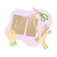 Hands cutting figurines from paper. Top view of creative work process, hobby and craft concept illustration vector