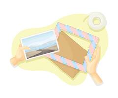 Hands making photo frames. Top view of creative work process, hobby and craft concept illustration vector