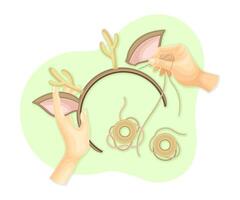 Hands making headband with deer horns. Top view of creative work process, hobby and craft concept illustration vector