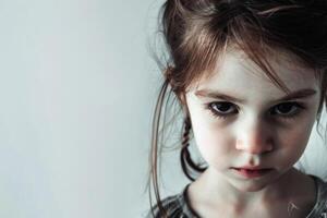 Little girl with intense expression looking directly at the camera photo