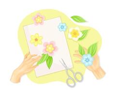 Hands making applique from paper flowers. Top view of creative work process, hobby and craft concept illustration vector