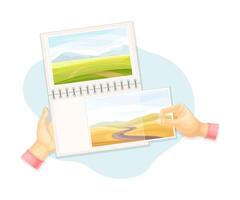 Hands attaching photos at photo album. Top view of creative work process, hobby and craft concept illustration vector