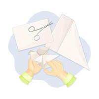 Hands making origami out of paper. Top view of creative work process, hobby and craft concept illustration vector