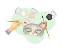 Hands making and painting carnival mask. Top view of creative work process, hobby and craft concept illustration vector
