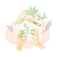 Hands creating herbarium from dried plants and flowers. Top view of creative work process, hobby and craft concept illustration vector