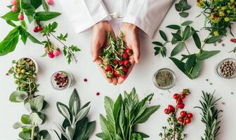 Doctor's hands holding fresh herbs and vegetables, promoting natural healing photo
