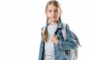 Girl in denim jacket ready for school with backpack and braids photo