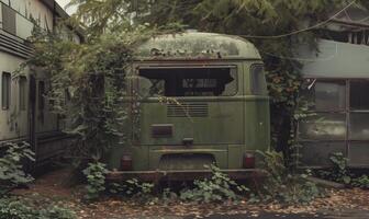 Abandoned green bus overgrown with foliage in a forest photo