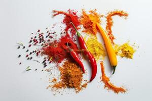 Red and yellow chili peppers with vibrant spices on a white background photo