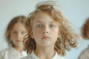 Curly-haired girl looking directly ahead with a serious expression photo