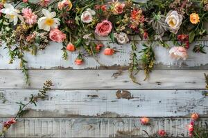 Rustic background with flowers and wooden boards for a decorative frame photo