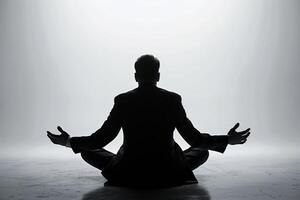 A businessman meditating in a yoga pose with open arms photo