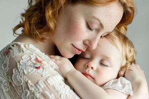 Red-haired mother gently embraces her sleeping child in a soft portrait photo
