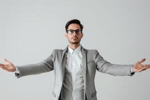 Businessman with open arms ready to embrace new challenges photo