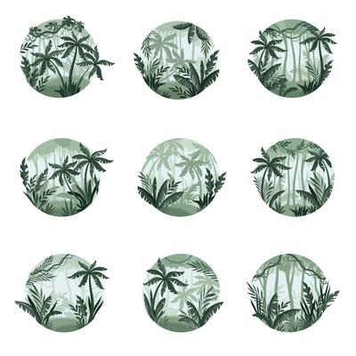 Set of jungle landscapes with palm trees and plants in mist. Tropical scenery in geometric round shape design illustration