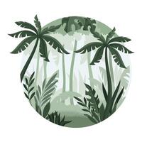 Jungle landscape with palm trees and plants in mist. Tropical scenery in geometric round shape design illustration vector