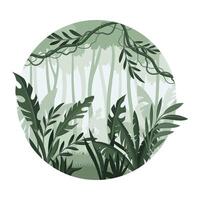 Jungle landscape with palm trees and plants. Exotic tropical scenery in geometric round shape design illustration vector