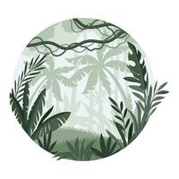 Jungle landscape with palm trees in mist. Tropical rainforest in geometric round shape design illustration vector