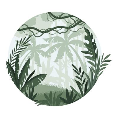 Jungle landscape with palm trees in mist. Tropical rainforest in geometric round shape design illustration