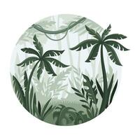 Jungle landscape with palm trees and plants in mist. Tropical rainforest scenery in geometric round shape design illustration vector