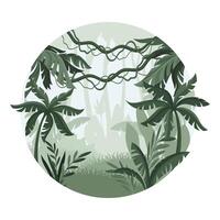 Jungle landscape with palm trees and plants in mist. Exotic tropical scenery in round shape design illustration vector
