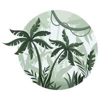 Beautiful jungle landscape with palm trees in mist. Exotic tropical scenery in round shape design illustration vector