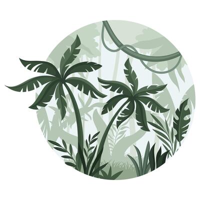 Beautiful jungle landscape with palm trees in mist. Exotic tropical scenery in round shape design illustration