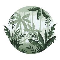 Jungle landscape with palm trees in mist. Monochrome rainforest scenery in geometric round shape design illustration vector