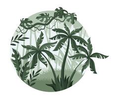 Jungle landscape with palm trees and plants. Monochrome rainforest scenery in geometric round shape design illustration vector