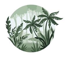 Jungle tropical landscape with palm trees in mist. Monochrome rainforest scenery of round shape illustration vector