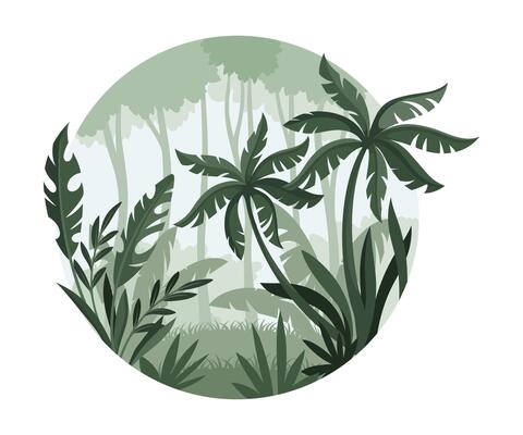 Jungle tropical landscape with palm trees in mist. Monochrome rainforest scenery of round shape illustration