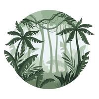 Jungle tropical landscape with palm trees in mist. Monochrome rainforest scenery in geometric round shape design illustration vector