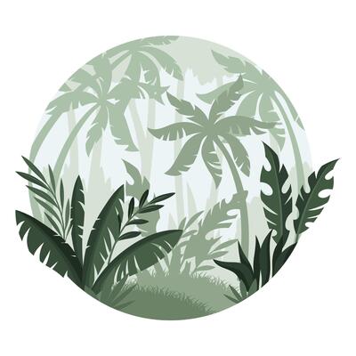 Jungle tropical landscape with palm trees in mist. Monochrome rainforest plants of round shape illustration