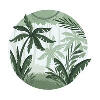 Jungle tropical landscape with palm trees. Monochrome rainforest scene in round shape illustration vector