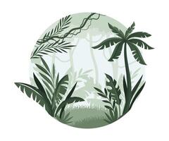 Tropical rainforest landscape with trees in mist. Monochrome jungle scene of round shape illustration vector