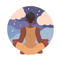 Back view of man meditating in Lotus pose. Guy practicing yoga and breathing exercise cartoon illustration vector