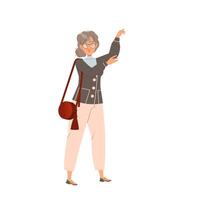 Female in Glasses with Handbag on Her Shoulder Looking at Somethign and Reaching Out Hand Illustration vector