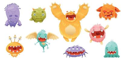 Cute colorful monsters characters set. Toothy and fluffy mutants with funny friendly faces cartoon illustration vector