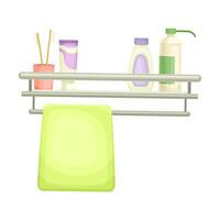 Bathroom shelf with toothbrushes, toothpaste and cream bottles cartoon illustration vector