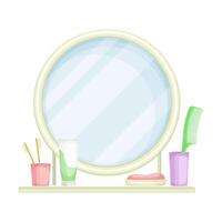 Mirror and bathroom shelf with toothbrushes, toothpaste and comb cartoon illustration vector