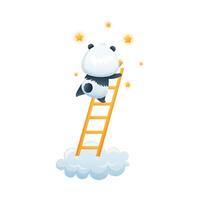 Cute Panda Character on Soft Cloud Climbing Ladder to Bright Star Illustration vector