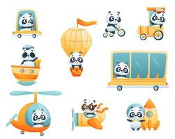 Cute Panda Character Flying Helicopter and Driving Bus Set vector