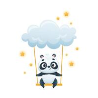 Cute Panda Character on Swing Attached to Soft Cloud with Bright Star Around Illustration vector